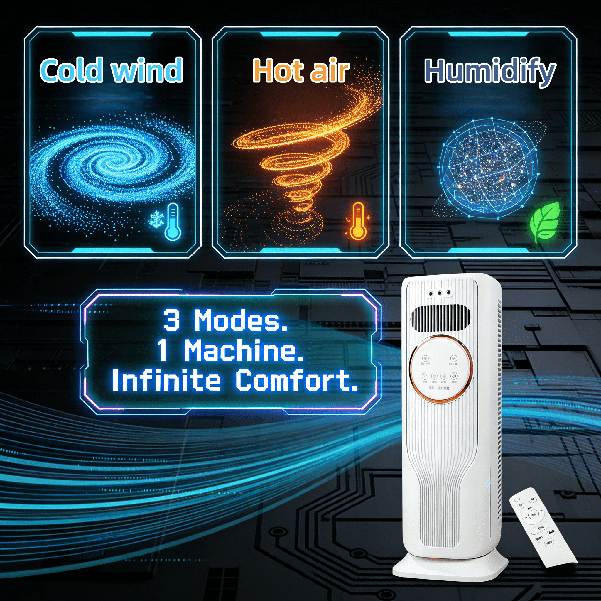 Powerful Cooling & Heating Tower Fan, 90° Wide-Angle Airflow, 3 Speeds, 2 Temperature Modes, LED Display, Low Noise for Open Living Space and Home Office