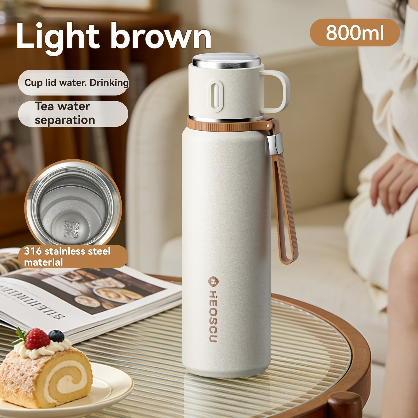 A Stainless Steel Vacuum Cup That Separates Tea And Water, Keeps Drinks Hot Or Cold for 24 Hours, Is Portable And Leak-Proof, Has an Attractive Design, Comes with a Strap, And Is Suitable for Outdoor Activities, Camping, And As a Practical Gift