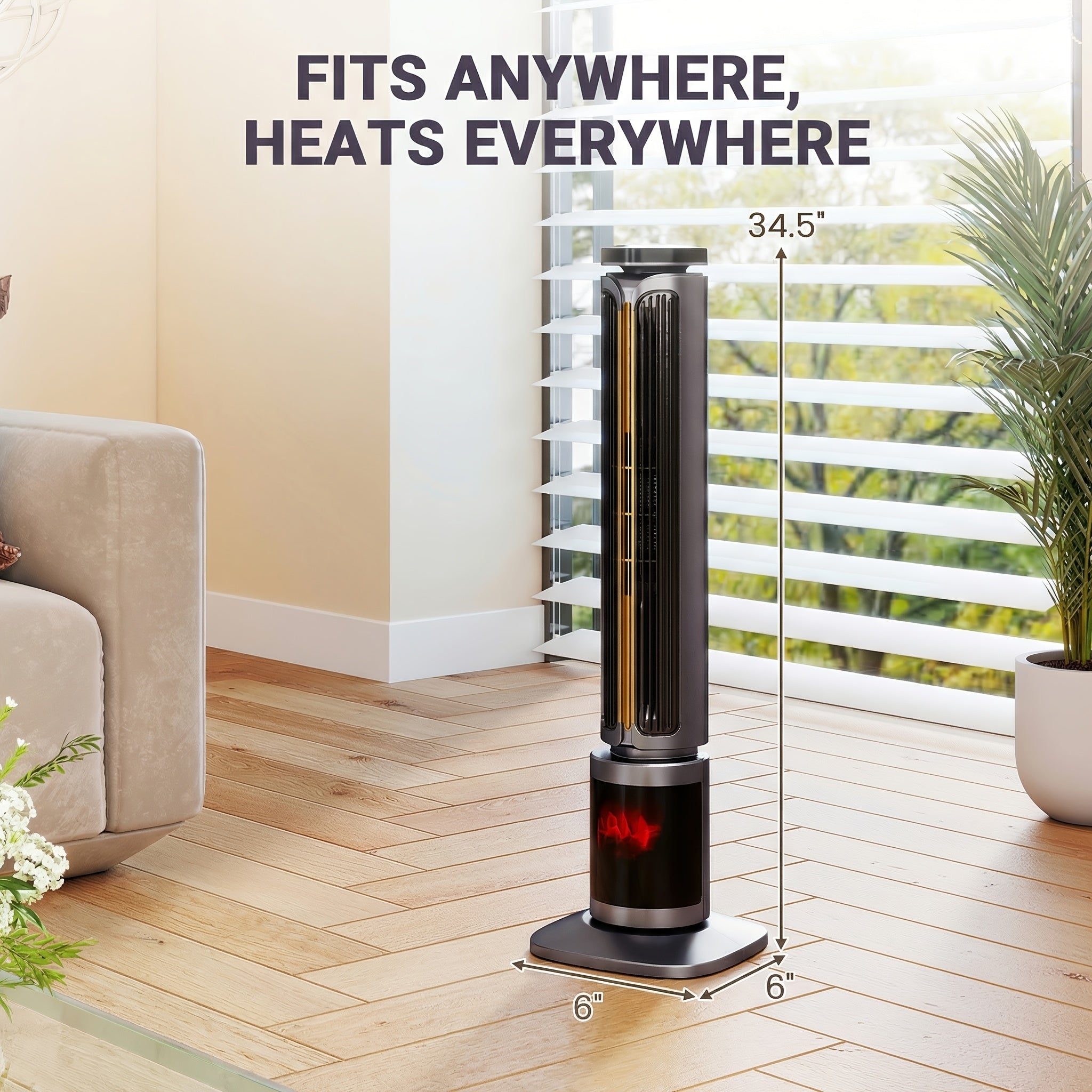 1500W PTC Tower Space Heater Featuring a 3D Flame Effect, Oscillating Function, Suitable for Large Rooms And Bedrooms, Portable Indoor Heater with a 12-Hour Timer