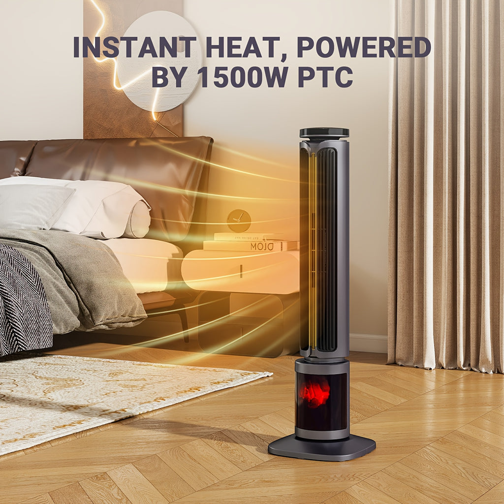1500W PTC Tower Space Heater Featuring a 3D Flame Effect, Oscillating Function, Suitable for Large Rooms And Bedrooms, Portable Indoor Heater with a 12-Hour Timer