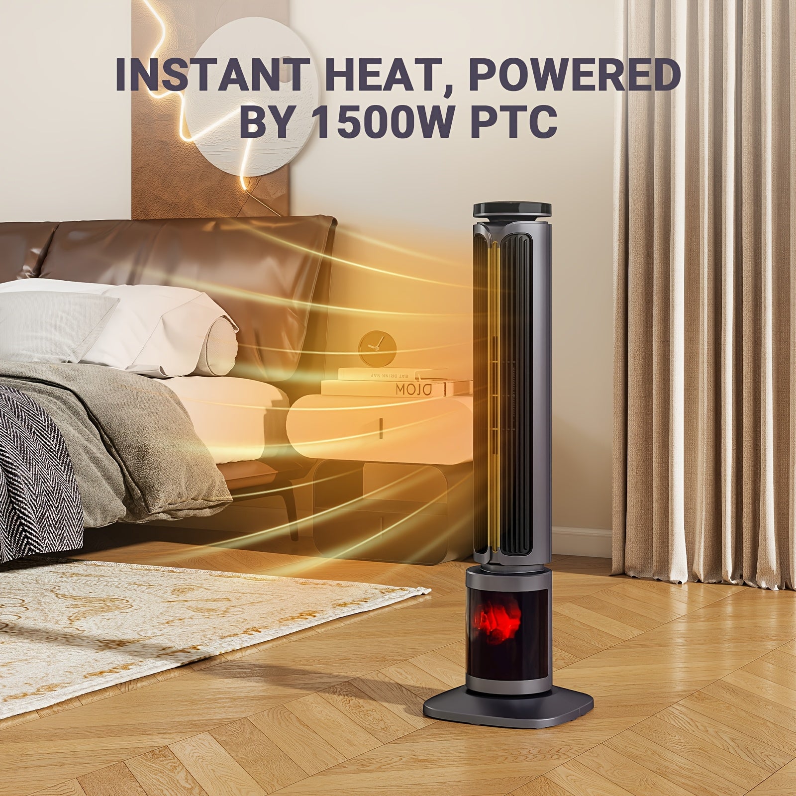 1500W PTC Tower Space Heater Featuring a 3D Flame Effect, Oscillating Function, Suitable for Large Rooms And Bedrooms, Portable Indoor Heater with a 12-Hour Timer