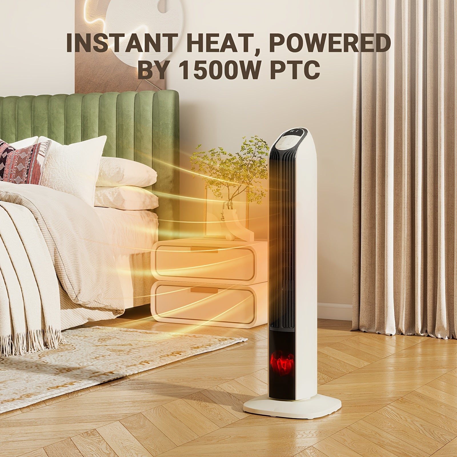 1500W PTC Tower Space Heater Featuring a 3D Flame Effect, Oscillating Function, Suitable for Large Rooms And Bedrooms, Portable Indoor Heater with a 12-Hour Timer