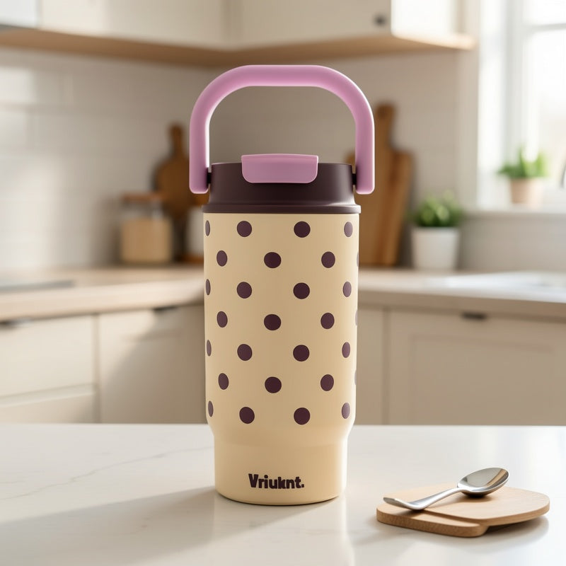 1pc Fashion Easy Vacuum Cup 16.23oz Dual-Drink Coffee Thermos with Handle, Portable Outdoor Sports Insulated Water Bottle