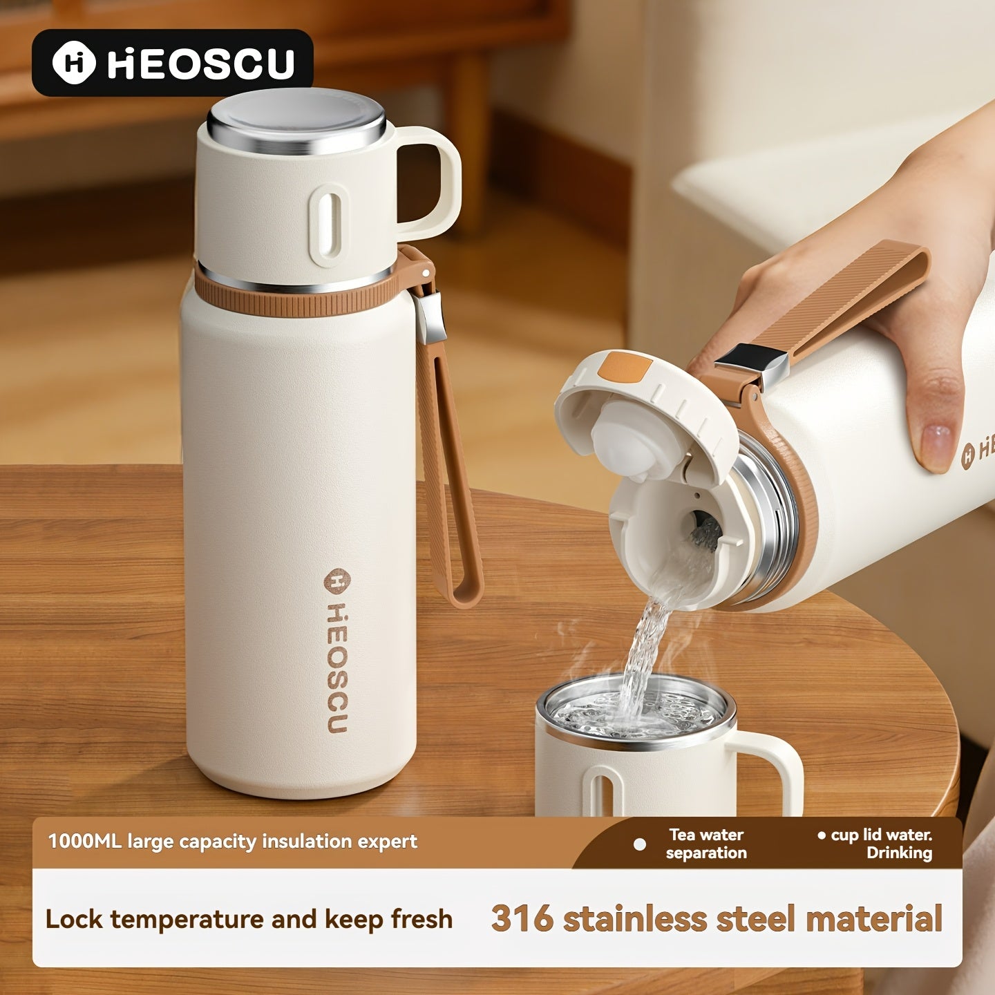 A Stainless Steel Vacuum Cup That Separates Tea And Water, Keeps Drinks Hot Or Cold for 24 Hours, Is Portable And Leak-Proof, Has an Attractive Design, Comes with a Strap, And Is Suitable for Outdoor Activities, Camping, And As a Practical Gift