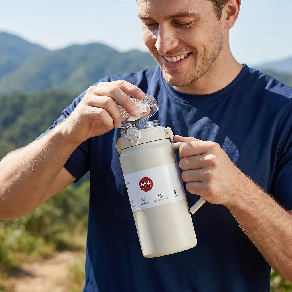 1 Premium Large-Capacity Sports Insulated Tumbler, 304 Stainless Steel Vacuum Insulated Thermos with Portable Carrying Loop, Leak-Proof Straw Lid, Outdoor Camping and Hiking Water Bottle, Simple Car and Office Cup