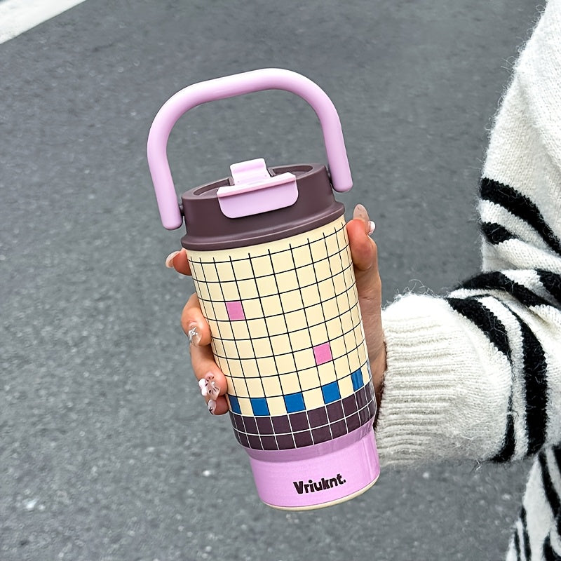 1pc Fashion Easy Vacuum Cup 16.23oz Dual-Drink Coffee Thermos with Handle, Portable Outdoor Sports Insulated Water Bottle