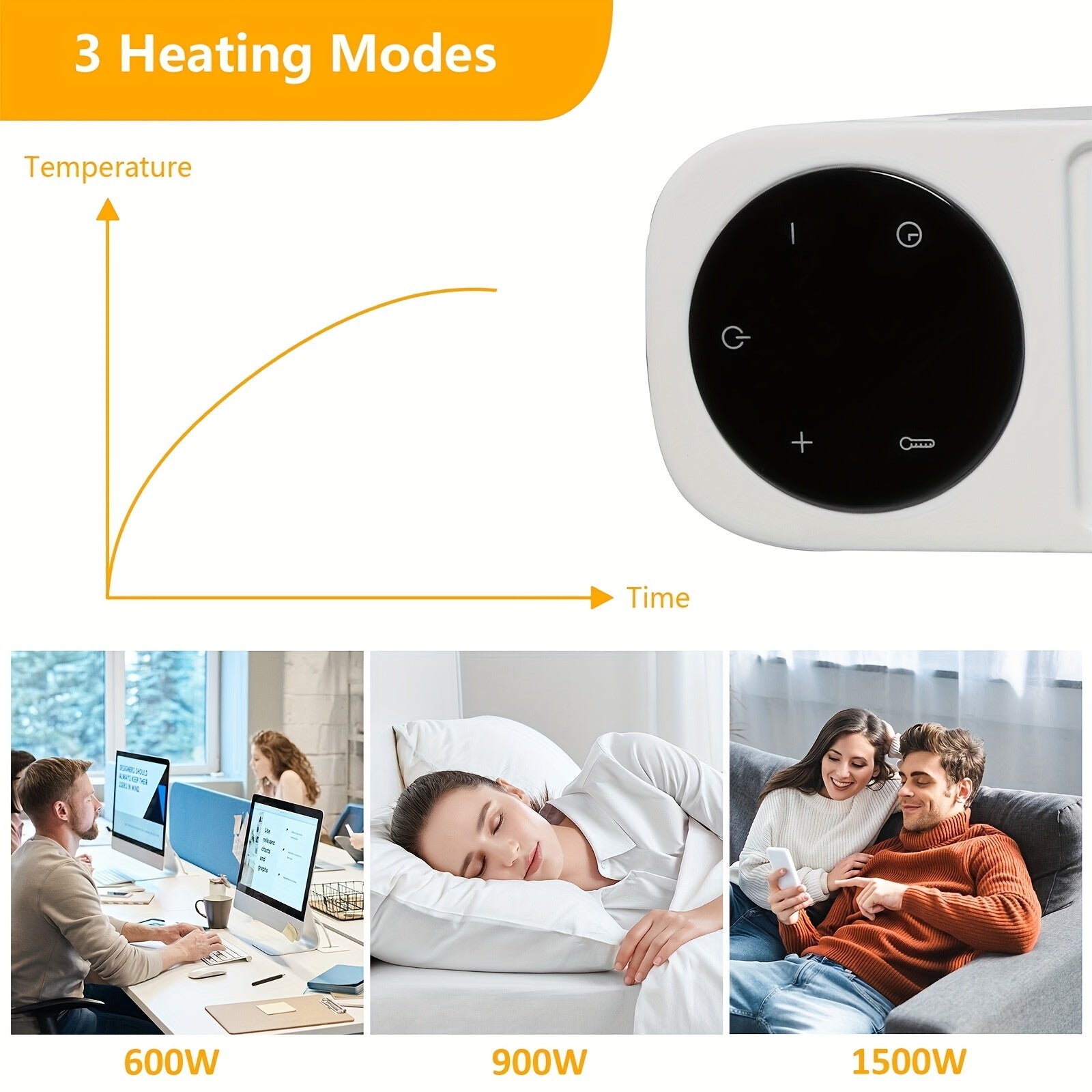Electric Space Heater (600W-1500W) with LED Touch Screen Control, Tip-Over And Overheat Protection, 3 Heating Modes, Portable Heater for Bedroom Home Office