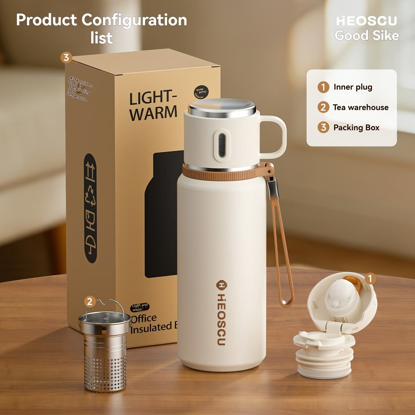 A Stainless Steel Vacuum Cup That Separates Tea And Water, Keeps Drinks Hot Or Cold for 24 Hours, Is Portable And Leak-Proof, Has an Attractive Design, Comes with a Strap, And Is Suitable for Outdoor Activities, Camping, And As a Practical Gift