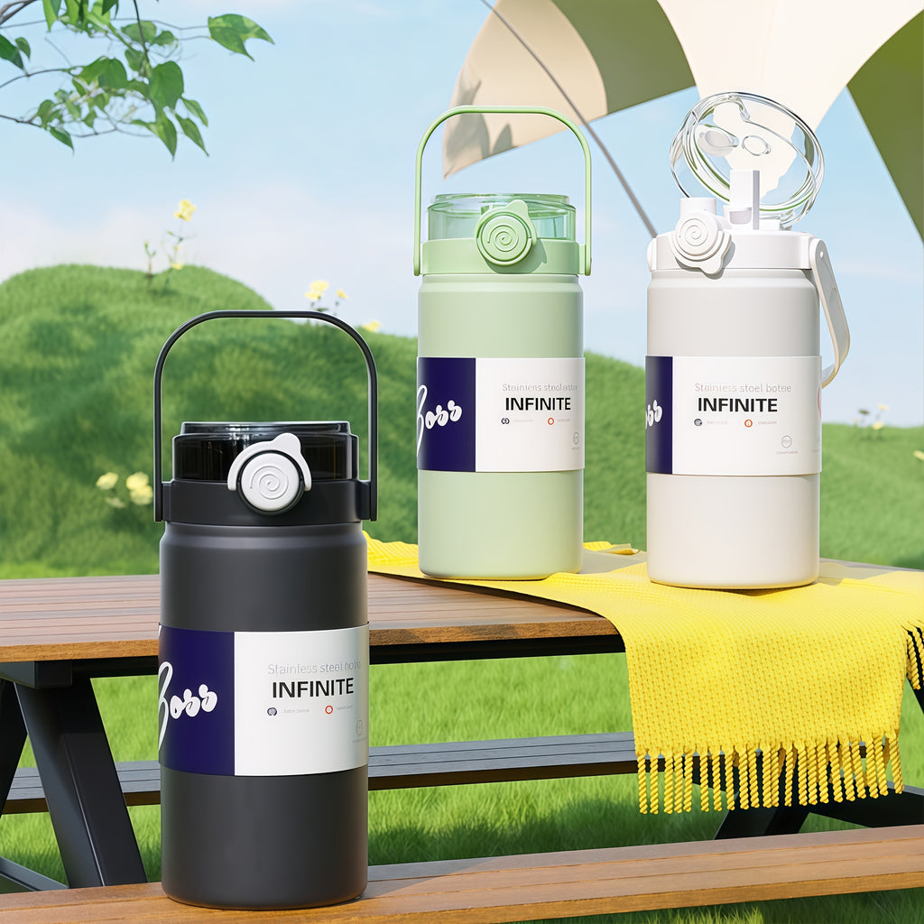 1 Premium Large-Capacity Sports Insulated Tumbler, 304 Stainless Steel Vacuum Insulated Thermos with Portable Carrying Loop, Leak-Proof Straw Lid, Outdoor Camping and Hiking Water Bottle, Simple Car and Office Cup