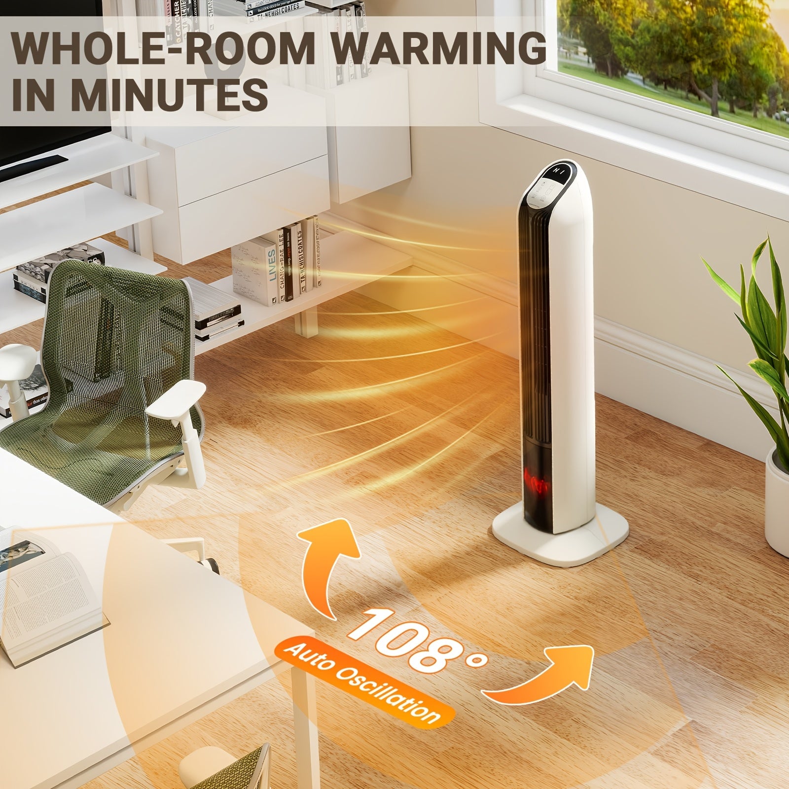 1500W PTC Tower Space Heater Featuring a 3D Flame Effect, Oscillating Function, Suitable for Large Rooms And Bedrooms, Portable Indoor Heater with a 12-Hour Timer
