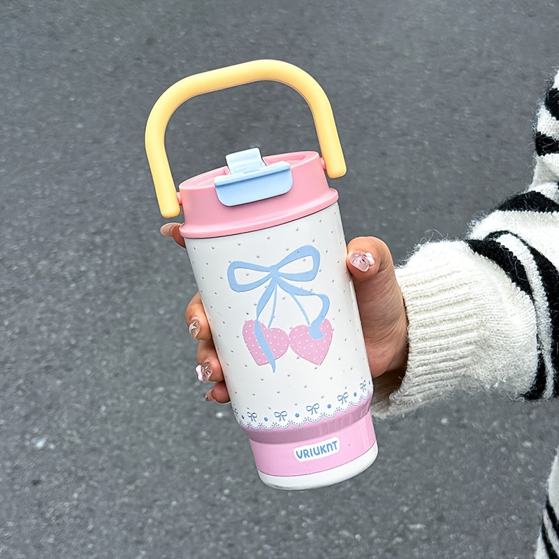 1pc Fashion Easy Vacuum Cup 16.23oz Dual-Drink Coffee Thermos with Handle, Portable Outdoor Sports Insulated Water Bottle