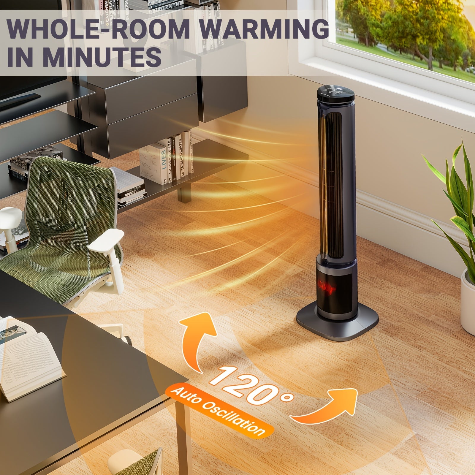 1500W PTC Tower Space Heater Featuring a 3D Flame Effect, Oscillating Function, Suitable for Large Rooms And Bedrooms, Portable Indoor Heater with a 12-Hour Timer