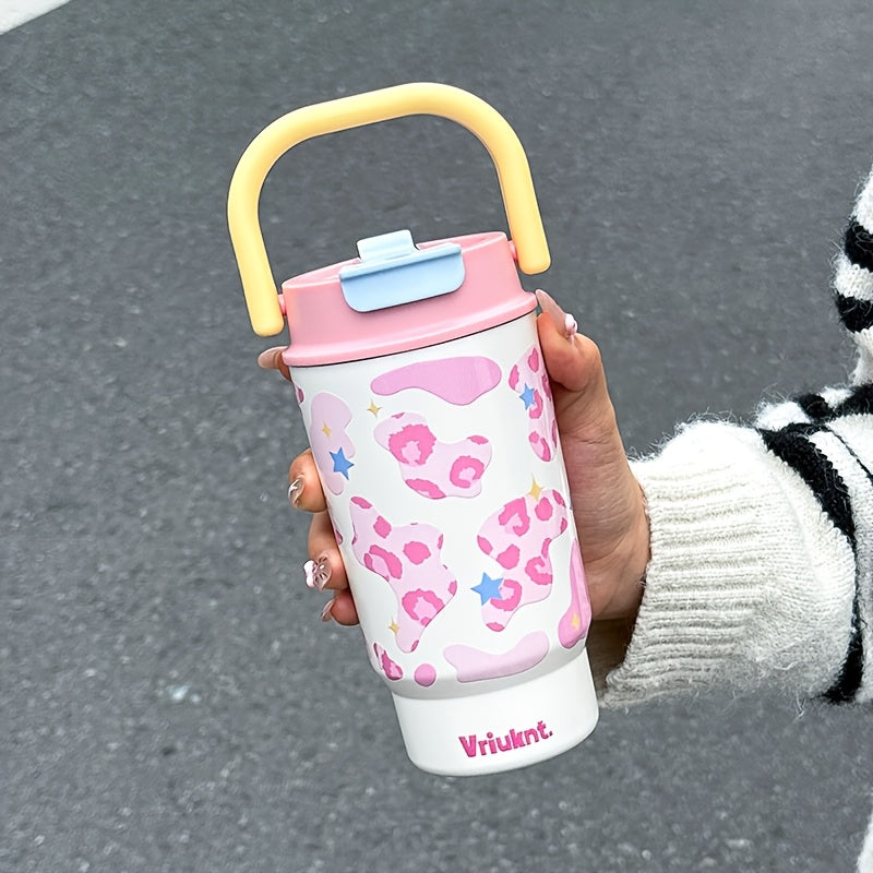 1pc Fashion Easy Vacuum Cup 16.23oz Dual-Drink Coffee Thermos with Handle, Portable Outdoor Sports Insulated Water Bottle