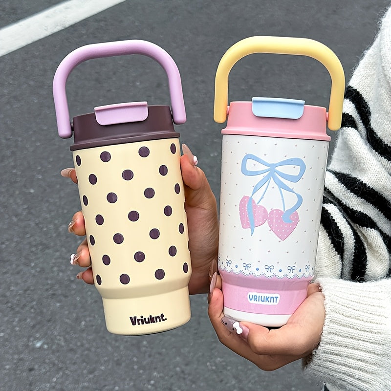 1pc Fashion Easy Vacuum Cup 16.23oz Dual-Drink Coffee Thermos with Handle, Portable Outdoor Sports Insulated Water Bottle