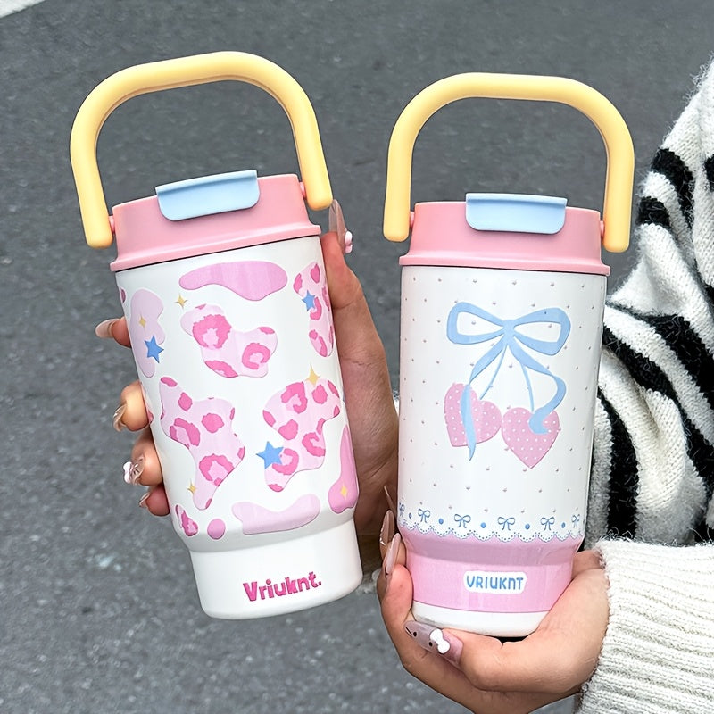 1pc Fashion Easy Vacuum Cup 16.23oz Dual-Drink Coffee Thermos with Handle, Portable Outdoor Sports Insulated Water Bottle