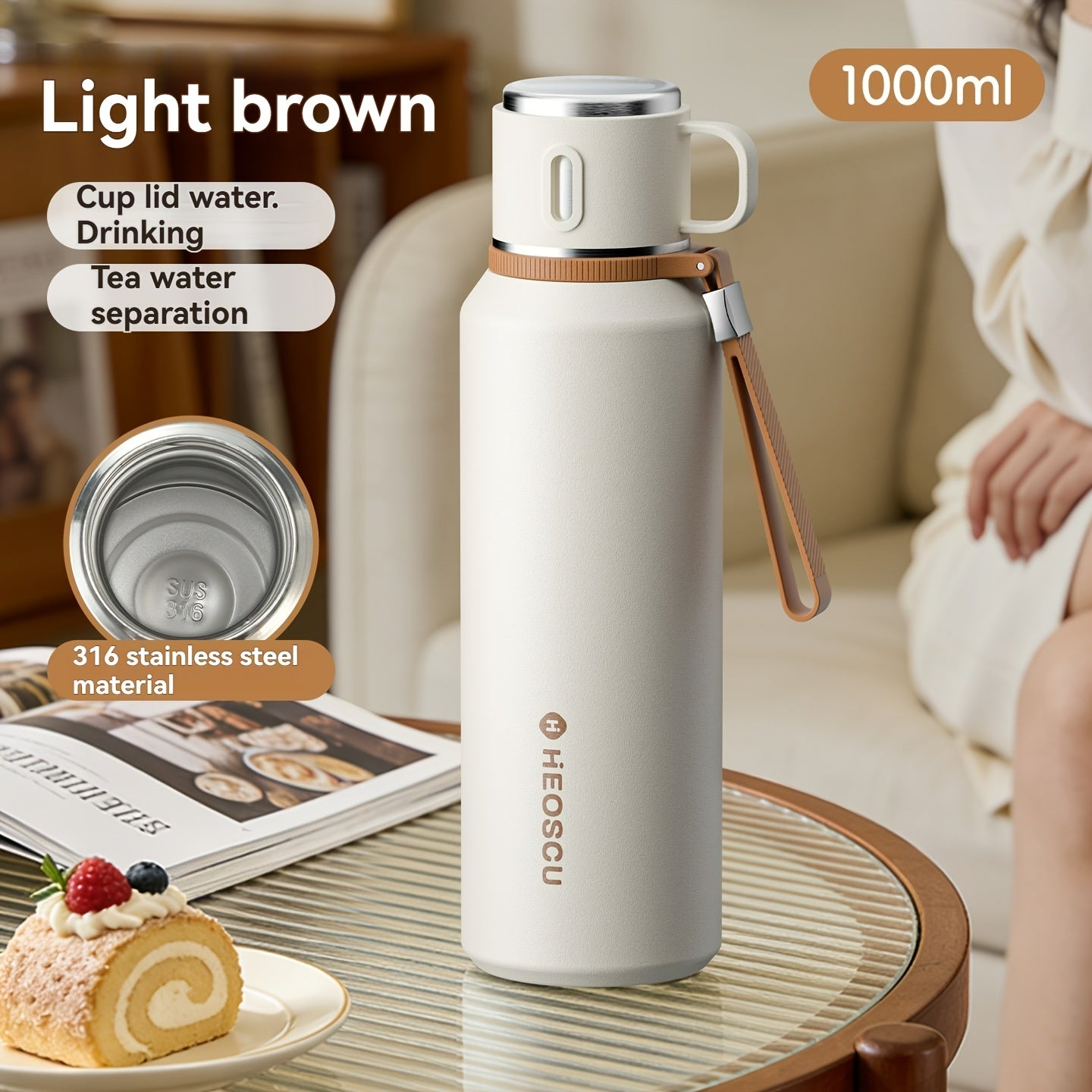 A Stainless Steel Vacuum Cup That Separates Tea And Water, Keeps Drinks Hot Or Cold for 24 Hours, Is Portable And Leak-Proof, Has an Attractive Design, Comes with a Strap, And Is Suitable for Outdoor Activities, Camping, And As a Practical Gift