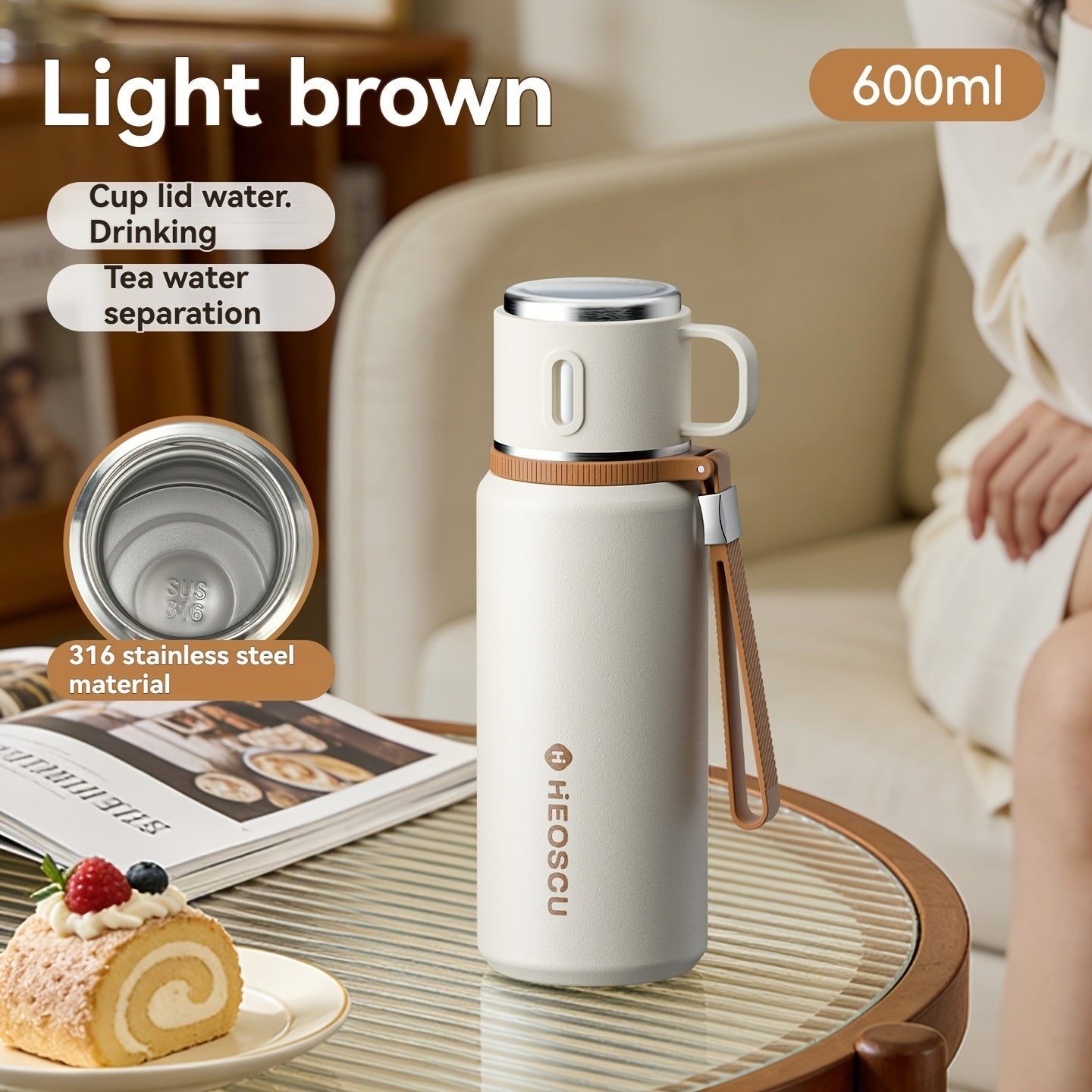 A Stainless Steel Vacuum Cup That Separates Tea And Water, Keeps Drinks Hot Or Cold for 24 Hours, Is Portable And Leak-Proof, Has an Attractive Design, Comes with a Strap, And Is Suitable for Outdoor Activities, Camping, And As a Practical Gift