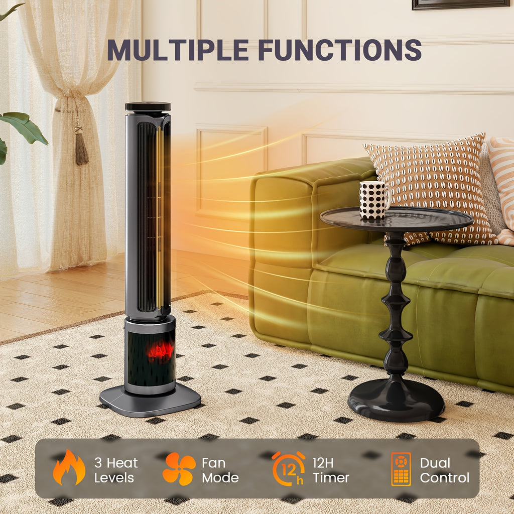 1500W PTC Tower Space Heater Featuring a 3D Flame Effect, Oscillating Function, Suitable for Large Rooms And Bedrooms, Portable Indoor Heater with a 12-Hour Timer