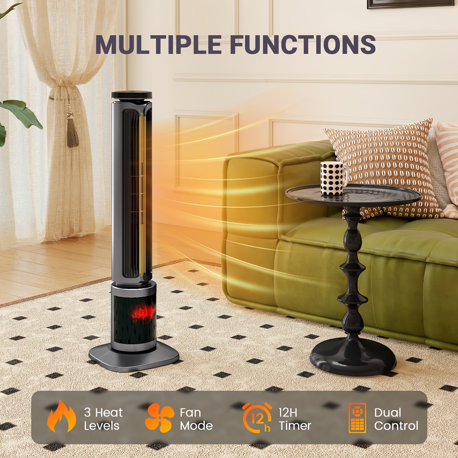 1500W PTC Tower Space Heater Featuring a 3D Flame Effect, Oscillating Function, Suitable for Large Rooms And Bedrooms, Portable Indoor Heater with a 12-Hour Timer