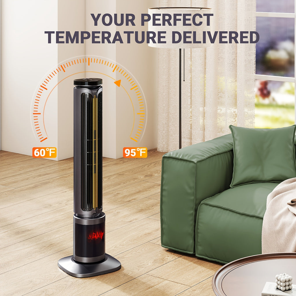 1500W PTC Tower Space Heater Featuring a 3D Flame Effect, Oscillating Function, Suitable for Large Rooms And Bedrooms, Portable Indoor Heater with a 12-Hour Timer