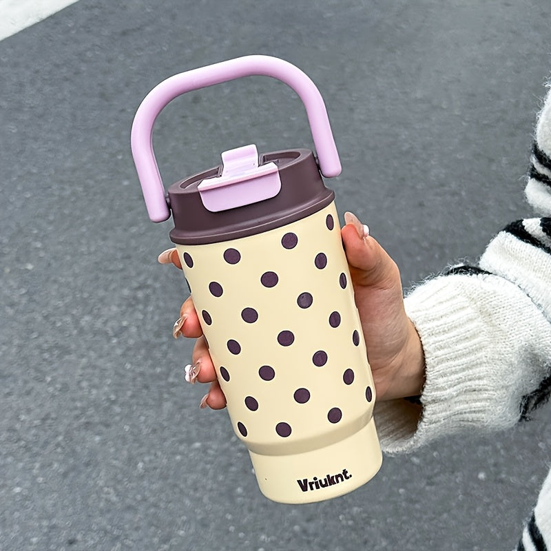 1pc Fashion Easy Vacuum Cup 16.23oz Dual-Drink Coffee Thermos with Handle, Portable Outdoor Sports Insulated Water Bottle