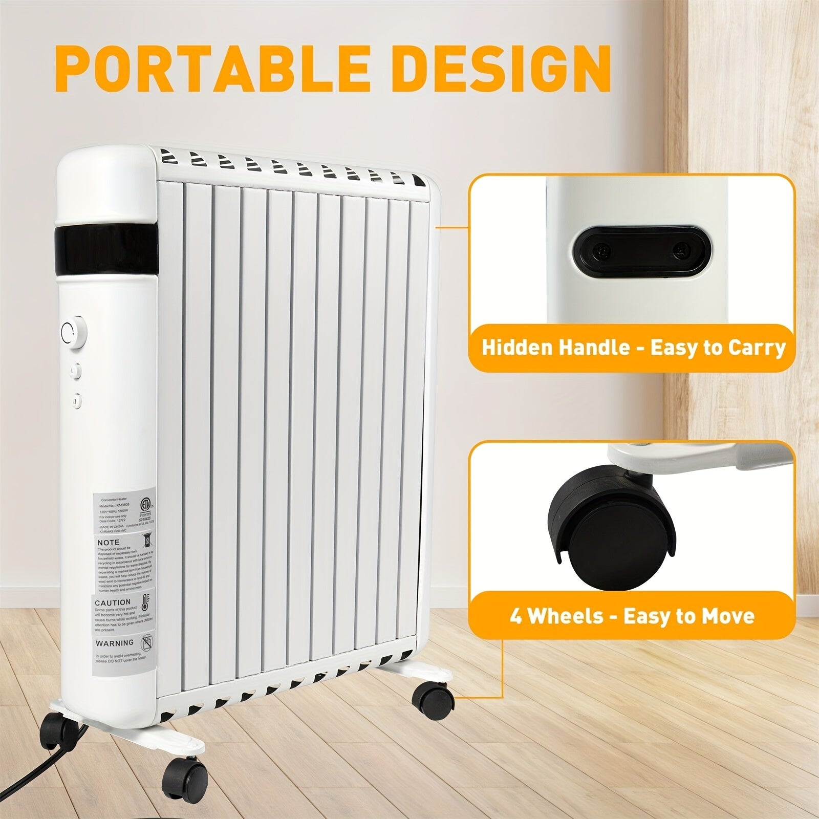 Space Heater, Convection Panel Space Heater, 1500W, Electric Space Heaters For Indoor Use, Quiet Fast Heating With Wheels & Handle, Overheat & Tip Over Protection, 2 Heating Modes For Room Office