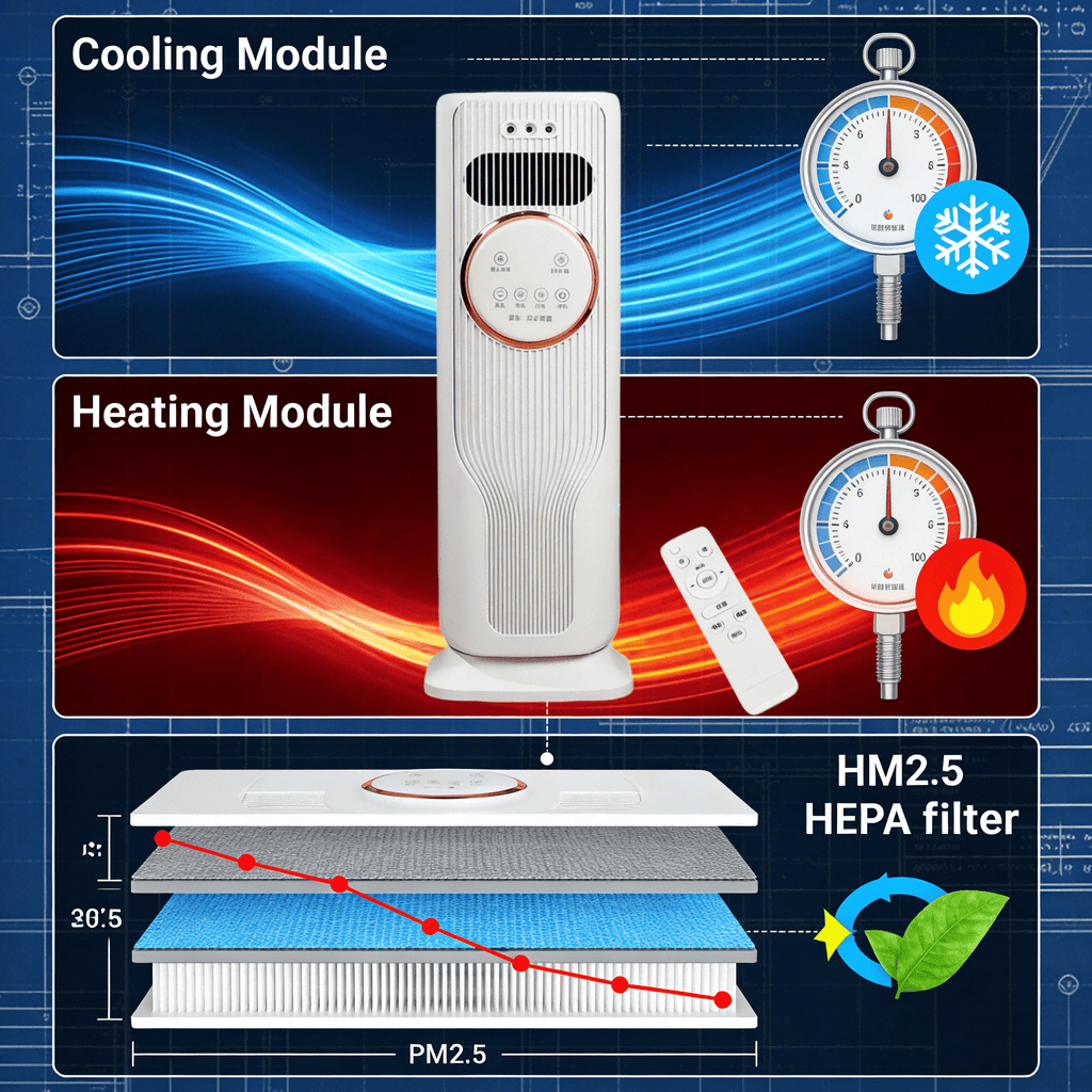 Powerful Cooling & Heating Tower Fan, 90° Wide-Angle Airflow, 3 Speeds, 2 Temperature Modes, LED Display, Low Noise for Open Living Space and Home Office
