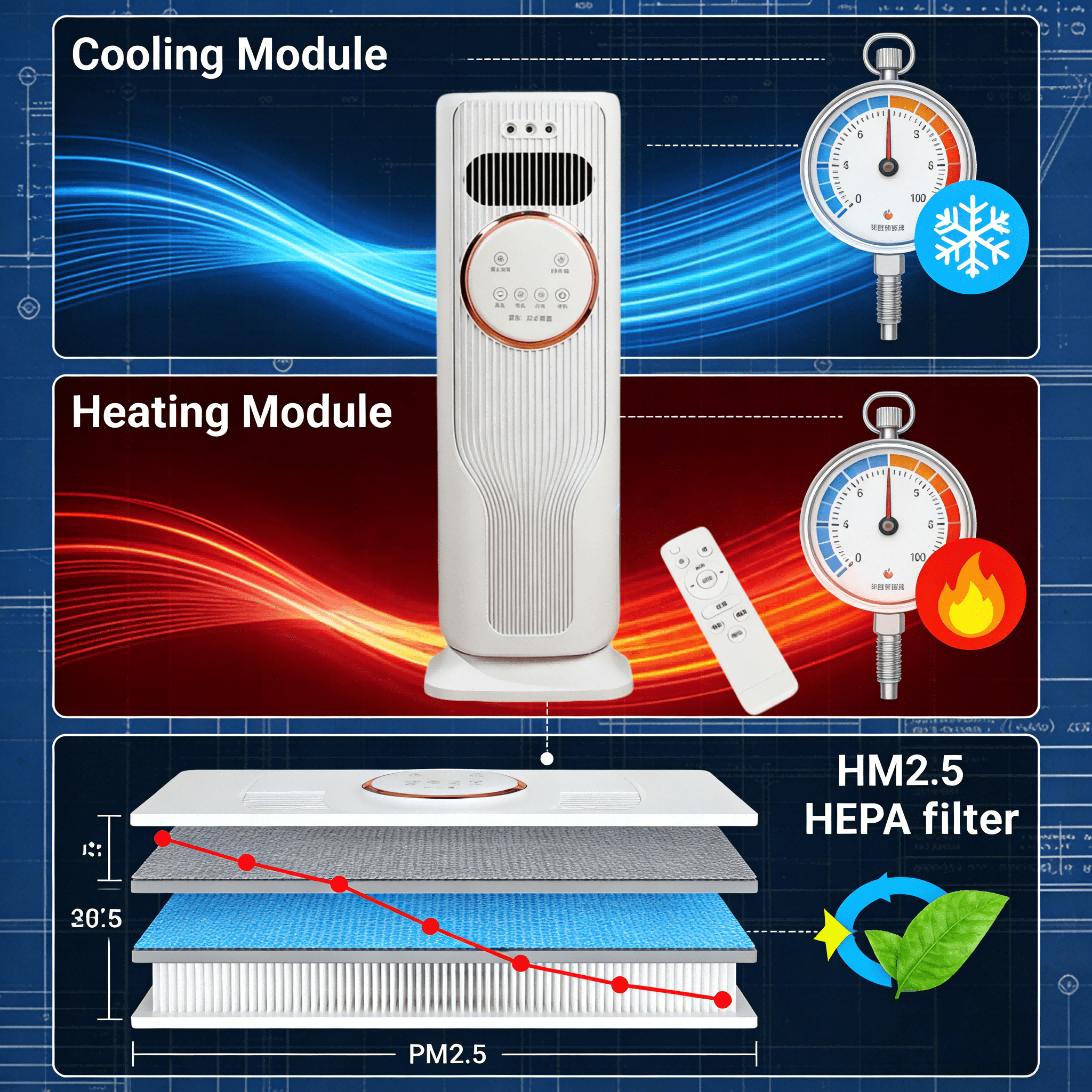 Powerful Cooling & Heating Tower Fan, 90° Wide-Angle Airflow, 3 Speeds, 2 Temperature Modes, LED Display, Low Noise for Open Living Space and Home Office