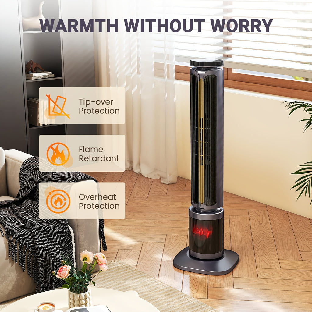 1500W PTC Tower Space Heater Featuring a 3D Flame Effect, Oscillating Function, Suitable for Large Rooms And Bedrooms, Portable Indoor Heater with a 12-Hour Timer