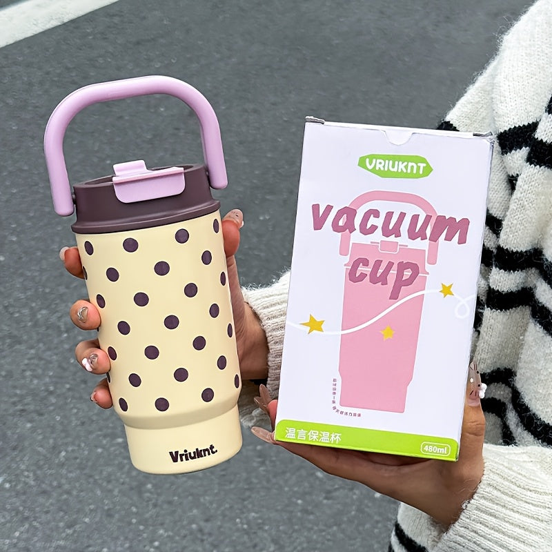 1pc Fashion Easy Vacuum Cup 16.23oz Dual-Drink Coffee Thermos with Handle, Portable Outdoor Sports Insulated Water Bottle