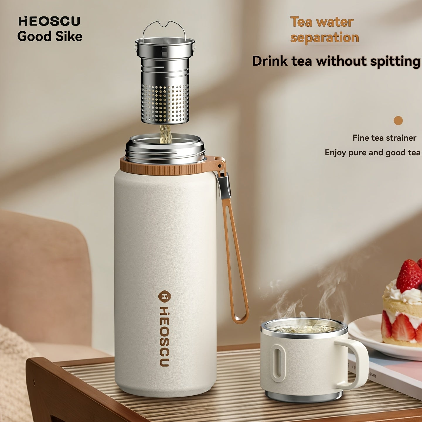 A Stainless Steel Vacuum Cup That Separates Tea And Water, Keeps Drinks Hot Or Cold for 24 Hours, Is Portable And Leak-Proof, Has an Attractive Design, Comes with a Strap, And Is Suitable for Outdoor Activities, Camping, And As a Practical Gift
