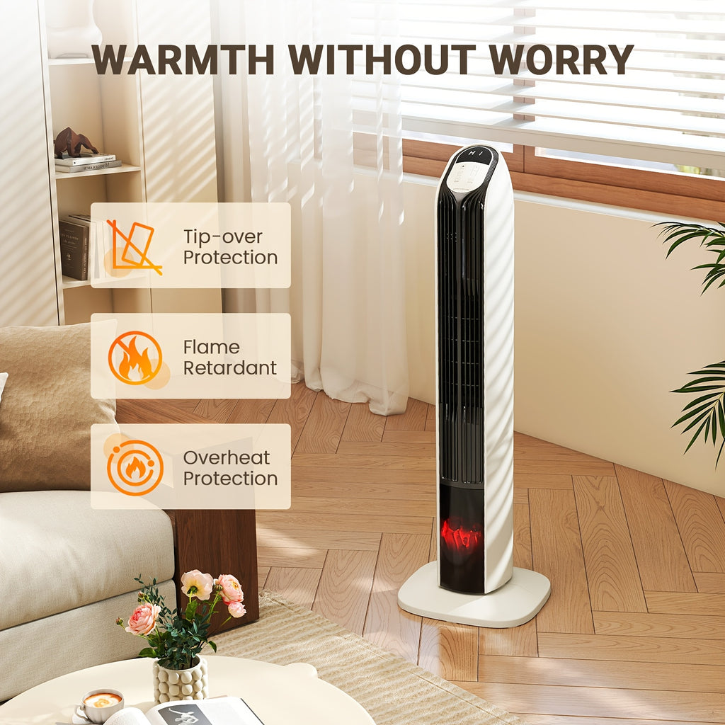 1500W PTC Tower Space Heater Featuring a 3D Flame Effect, Oscillating Function, Suitable for Large Rooms And Bedrooms, Portable Indoor Heater with a 12-Hour Timer