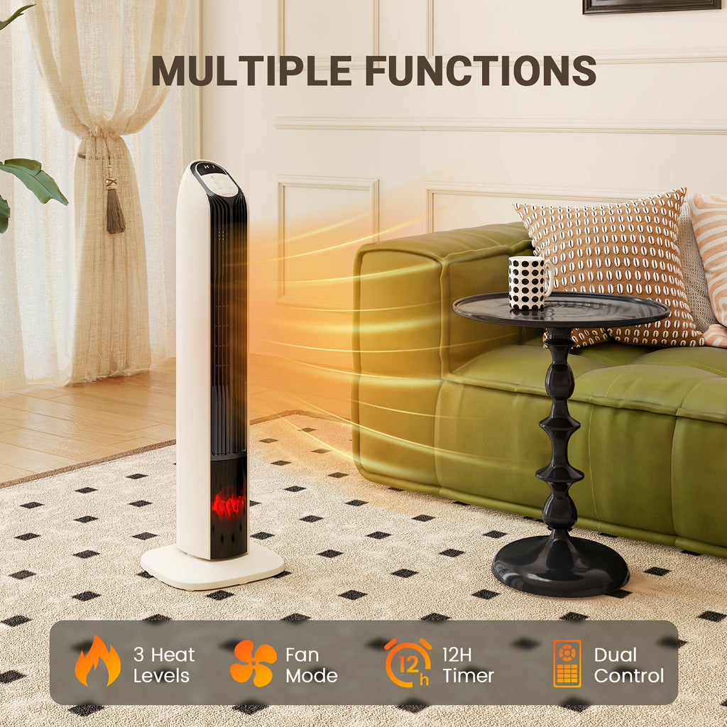 1500W PTC Tower Space Heater Featuring a 3D Flame Effect, Oscillating Function, Suitable for Large Rooms And Bedrooms, Portable Indoor Heater with a 12-Hour Timer
