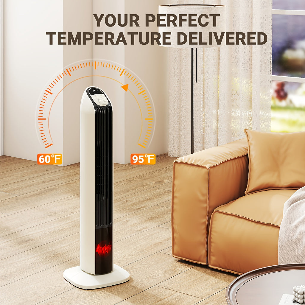 1500W PTC Tower Space Heater Featuring a 3D Flame Effect, Oscillating Function, Suitable for Large Rooms And Bedrooms, Portable Indoor Heater with a 12-Hour Timer